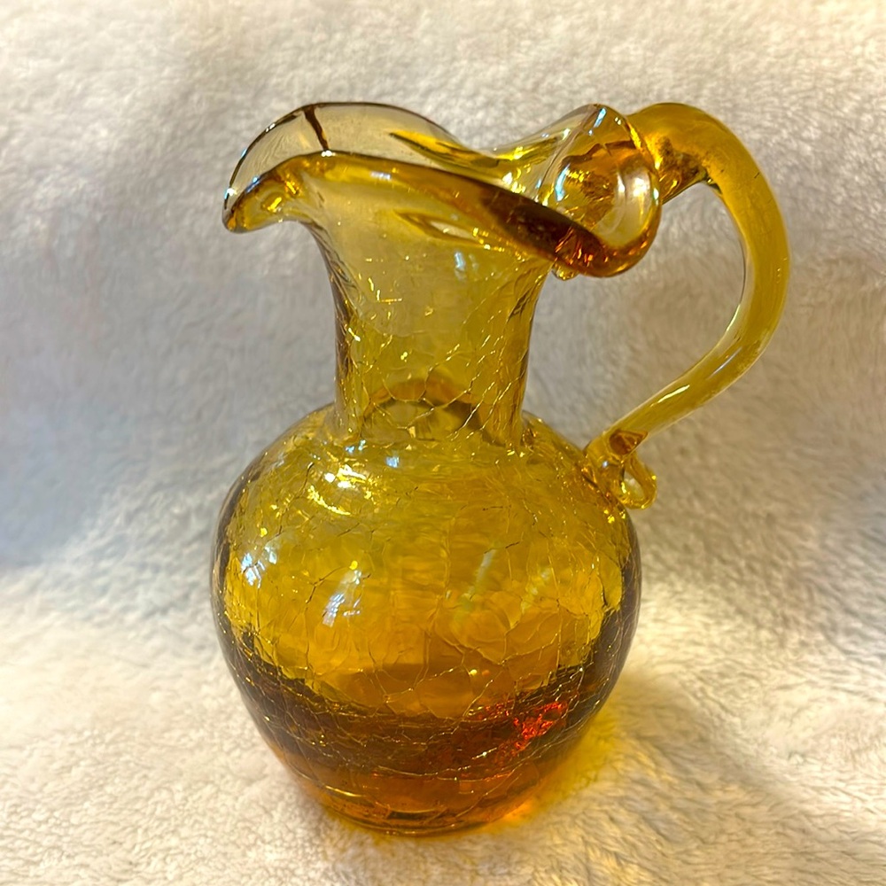 Amber Crackle Glass Bud Vase with Handle Spout and Curvy Top Rim. Vintage
